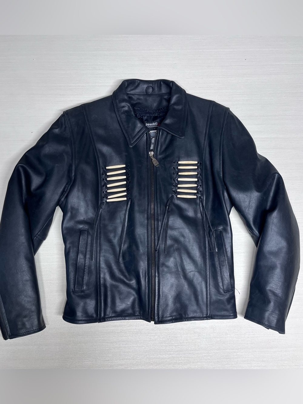 Force Leather Vintage 90’s Jacket Size 14 Motorcycle Bead Fringe Leather Western